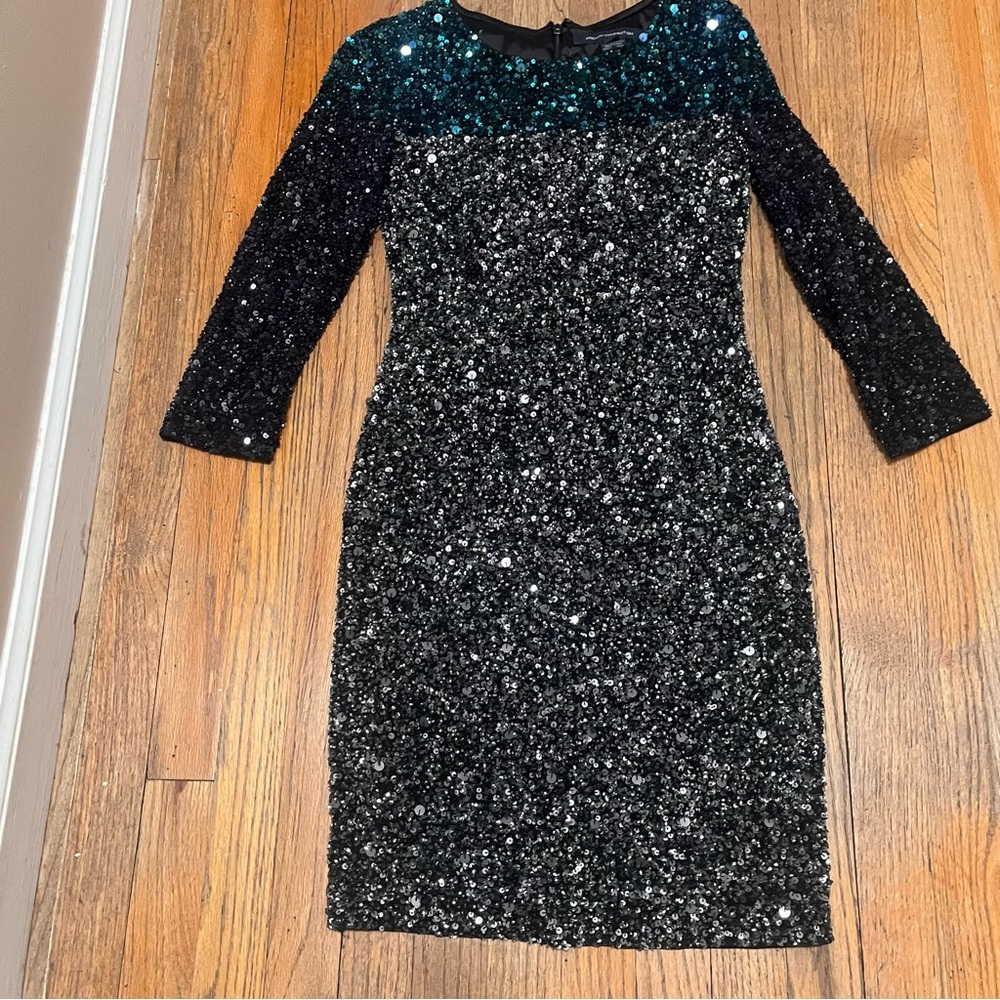 French Connection Black Sequin Long Sleeve Sheath Dress